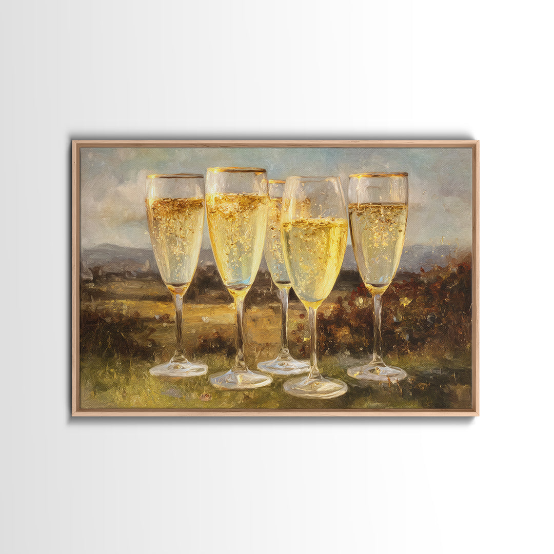 Champagne Glasses with Delicate Sparkle Framed Canvas Print, Wedding Art, Downloadable Art, Living Room Decor, Oil Painting, WED-3x2-82
