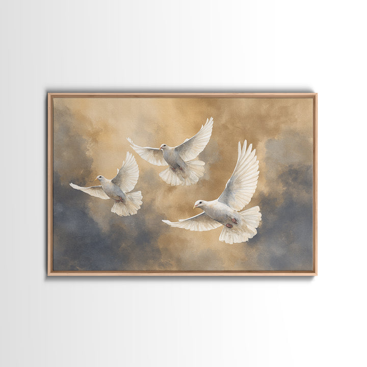 Doves Flying Through Soft Golden Light Framed Canvas Print, Wedding Art, Beach Wedding, Living Room Decor, Fine Art, Romance, WED-3x2-87
