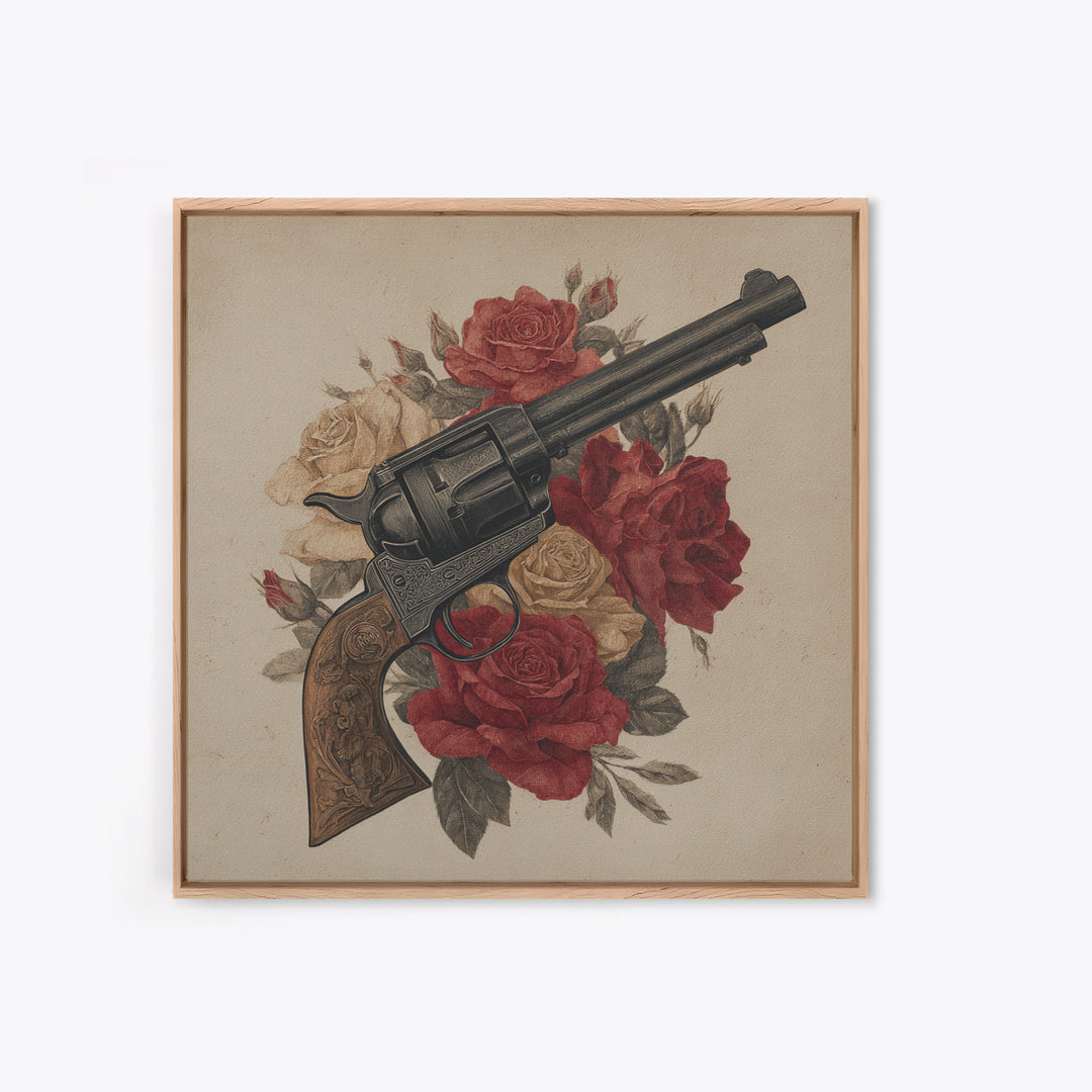 Old Revolver and Roses Canvas Print, Western Art, Landscape Painting, Southwestern Decor, Watercolor Art, Frontier, WES-1x1-19