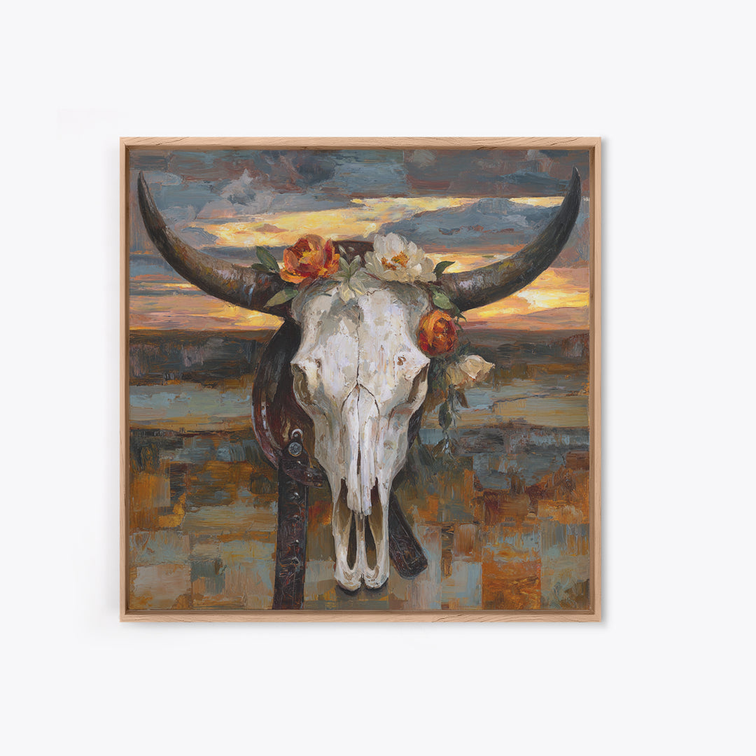 Longhorn Skull with Desert Flowers Framed Canvas Print, Western Art, Cowboy Art, Southwestern Decor, Oil Painting, Frontier, WES-1x1-27