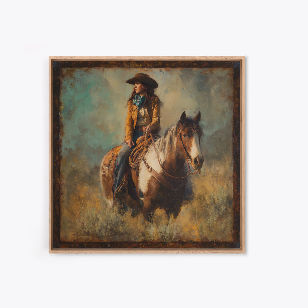 Cowgirl Portrait with Turquoise Jewelry Canvas Print, Western Art, Desert Art, Southwestern Decor, Oil Painting, Frontier, WES-1x1-30