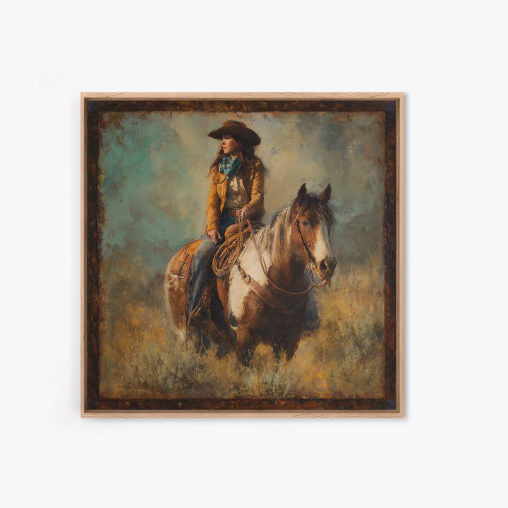 Cowgirl Portrait with Turquoise Jewelry Canvas Print, Western Art, Desert Art, Southwestern Decor, Oil Painting, Frontier, WES-1x1-30