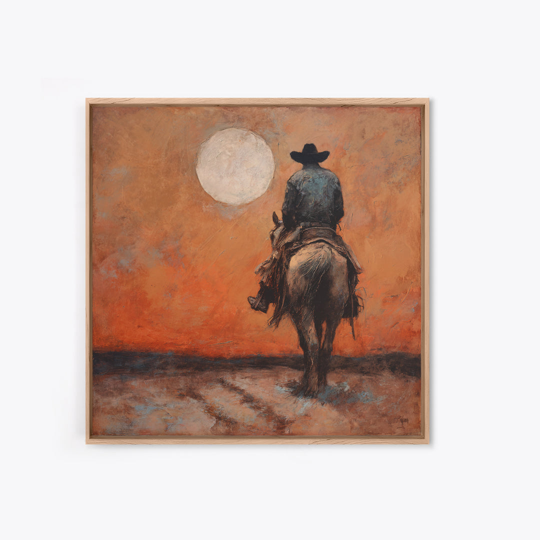 Desert Moon over Lone Rider Canvas Print, Western Art, Digital Download Art, Southwestern Decor, Frontier, Neutral Decor, WES-1x1-35