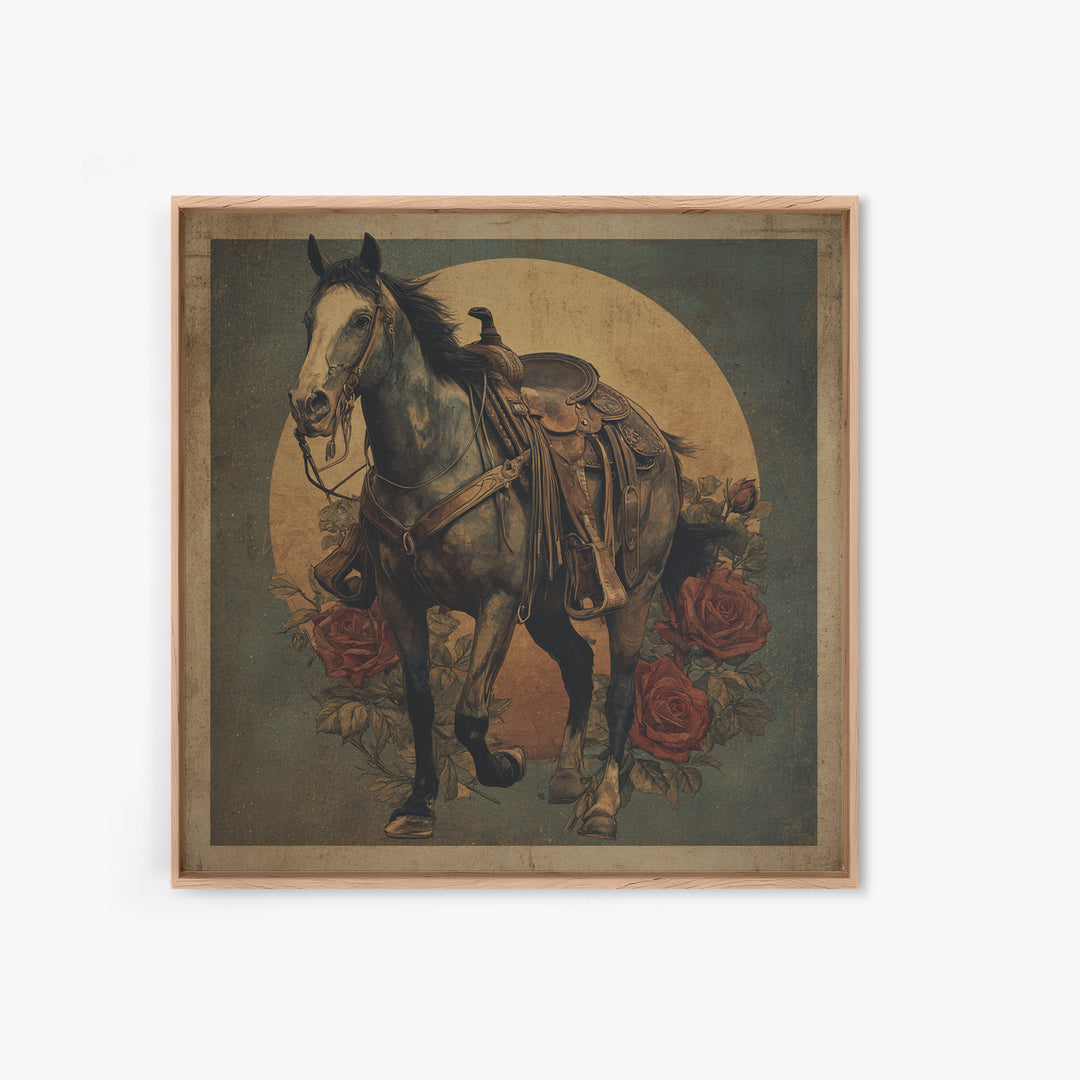 Old Revolver and Roses Framed Canvas Print, Western Art, Native American Art, Southwestern Decor, Oil Painting, Frontier, WES-1x1-43