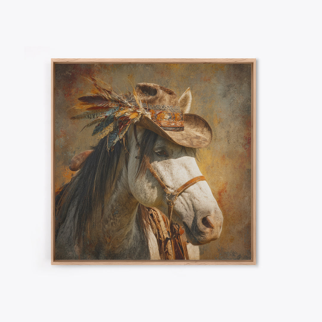 Cowboy Hat with Feathers and Beads Framed Canvas Print, Western Art, Western Print, Southwestern Decor, Fine Art, Frontier, WES-1x1-46