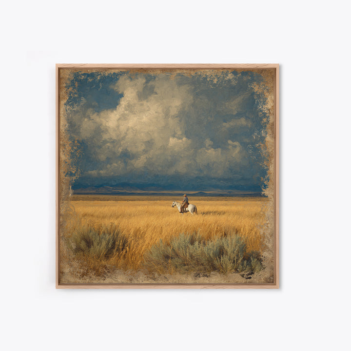 Golden Wheat Field Framed Canvas Print, Western Art, Wall Decor, Southwestern Decor, Fine Art, Frontier, Landscape Painting, WES-1x1-48