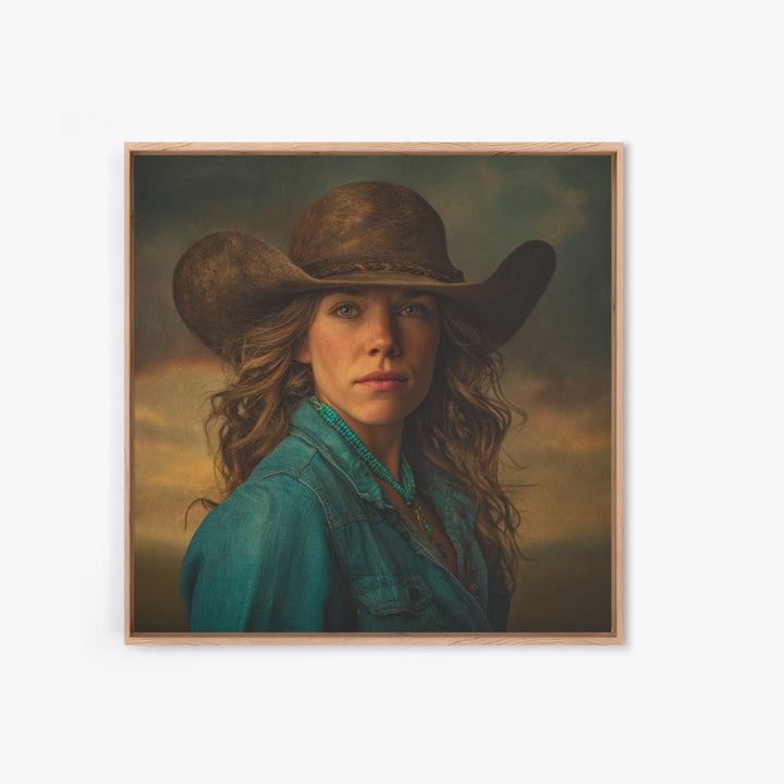 Cowgirl Portrait with Turquoise Jewelry Framed Canvas Print, Western Art, Southwestern Decor, Fine Art, Frontier, Boho Decor, WES-1x1-6