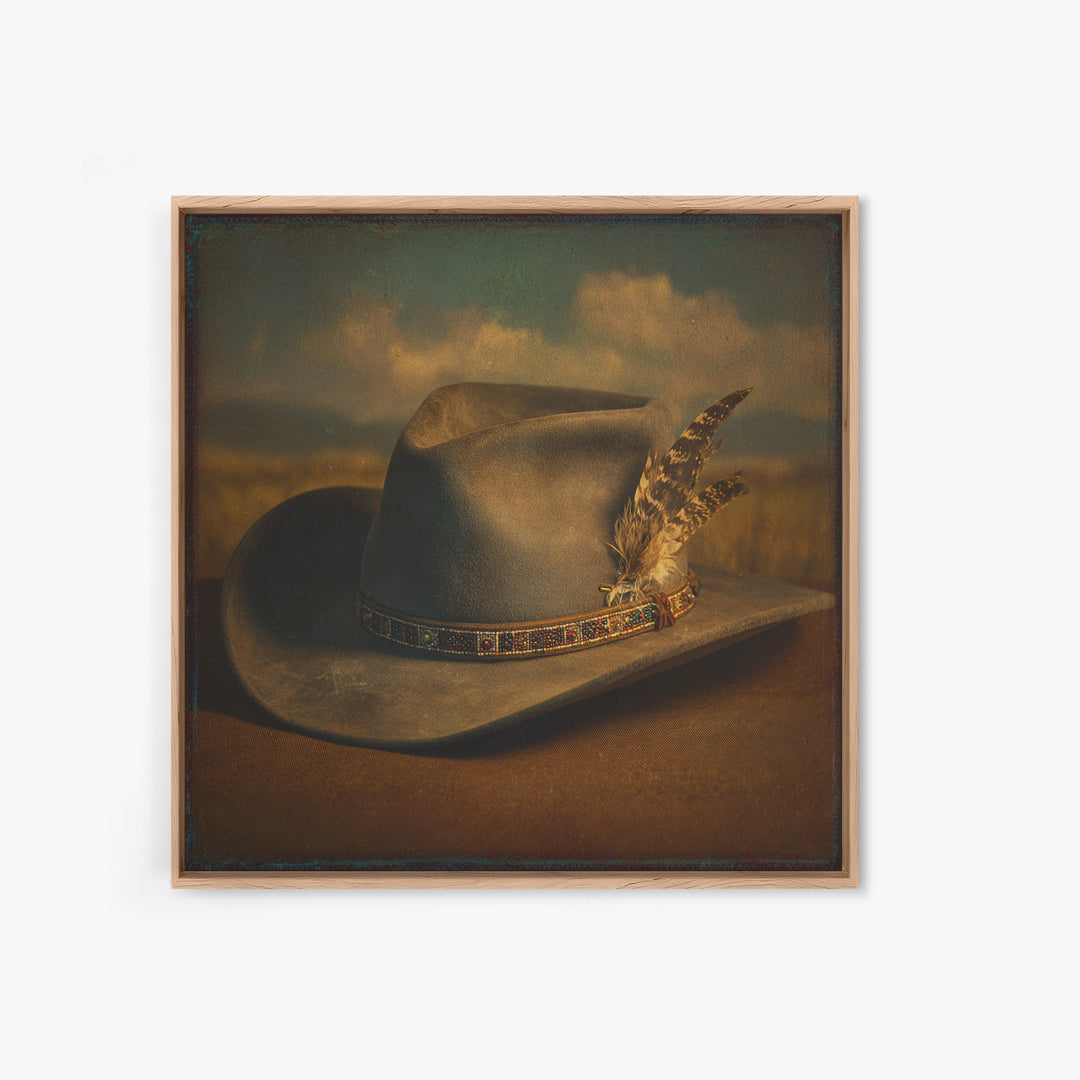 Cowboy Hat with Feathers and Beads Framed Canvas Print, Western Art, Western Print, Southwestern Decor, Fine Art, Frontier, WES-1x1-70