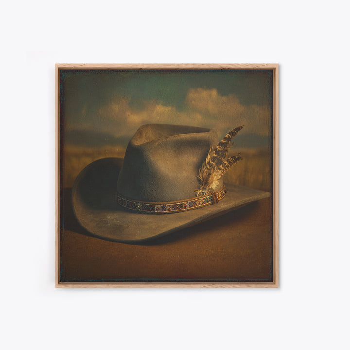Cowboy Hat with Feathers and Beads Framed Canvas Print, Western Art, Western Print, Southwestern Decor, Fine Art, Frontier, WES-1x1-70