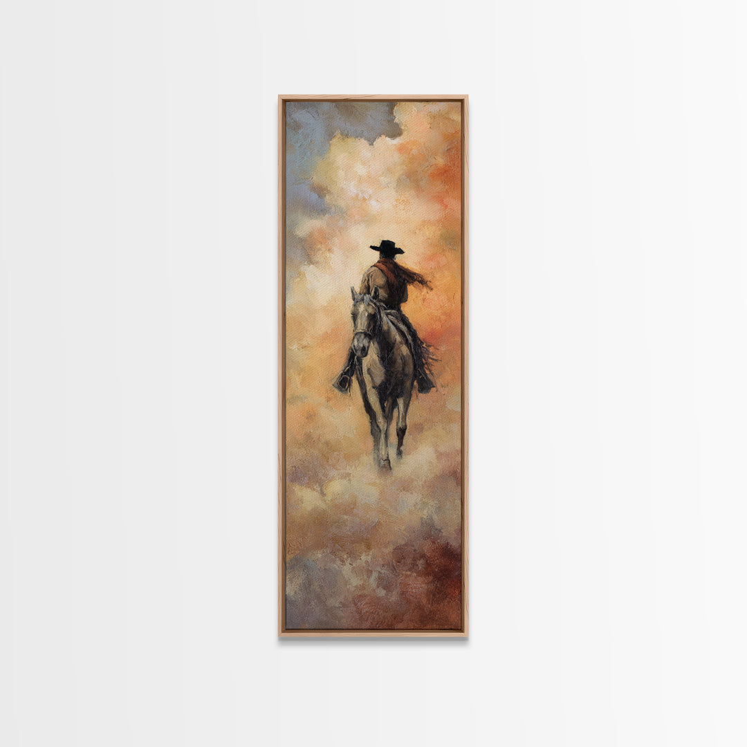 Desert Moon over Lone Rider Canvas Print, Western Art, Minimalist Wall Art, Southwestern Decor, Fine Art, Frontier, Horse Art, WES-1x3-23