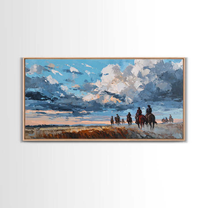 Cowboy Campfire under Starry Sky Framed Canvas Print, Western Art, Contemporary Art, Southwestern Decor, Fine Art, Frontier, WES-2x1-10
