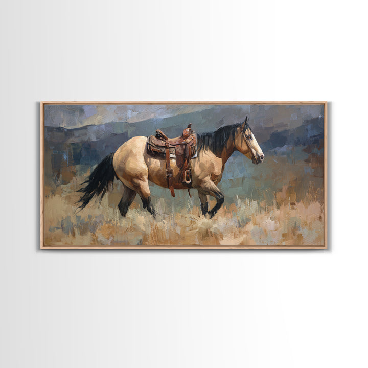 Buckskin Horse in Golden Prairie Light Framed Canvas Print, Western Art, Boho Decor, Southwestern Decor, Oil Painting, Frontier, WES-2x1-27