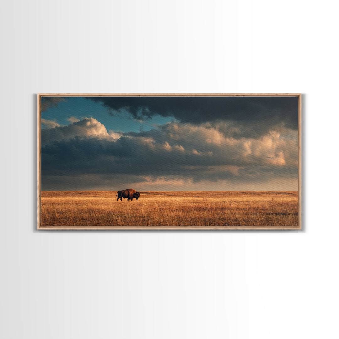Buffalo Silhouette Beneath Enormous Sky Framed Canvas Print, Western Art, Contemporary Art, Southwestern Decor, Frontier, WES-2x1-28