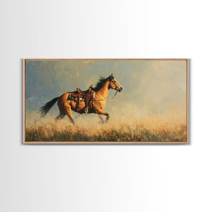 Buckskin Horse in Golden Prairie Light Framed Canvas Print, Western Art, Room Decor, Southwestern Decor, Fine Art, Frontier, WES-2x1-75