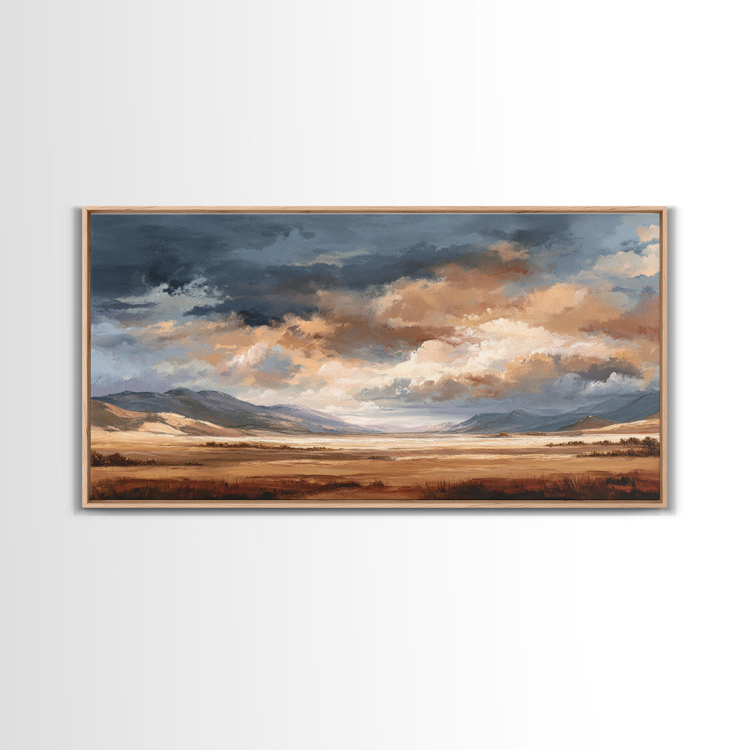 Wagon Wheel and Desert Sunset Framed Canvas Print, Western Art, Minimalist Wall Art, Southwestern Decor, Fine Art, Frontier, WES-2x1-88