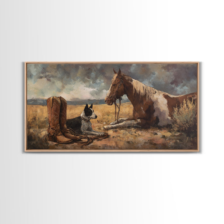 Ranch Dog Beside Worn Boots Canvas Print, Western Art, Cowboy Art, Southwestern Decor, Fine Art, Frontier, Rustic Wall Art, WES-2x1-89