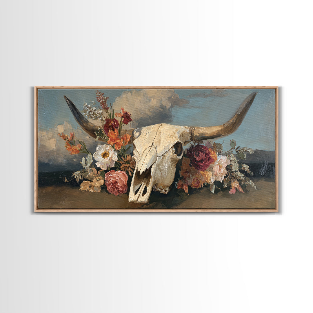 Longhorn Skull with Desert Flowers Framed Canvas Print, Western Art, Neutral Decor, Southwestern Decor, Oil Painting, Frontier, WES-2x1-95