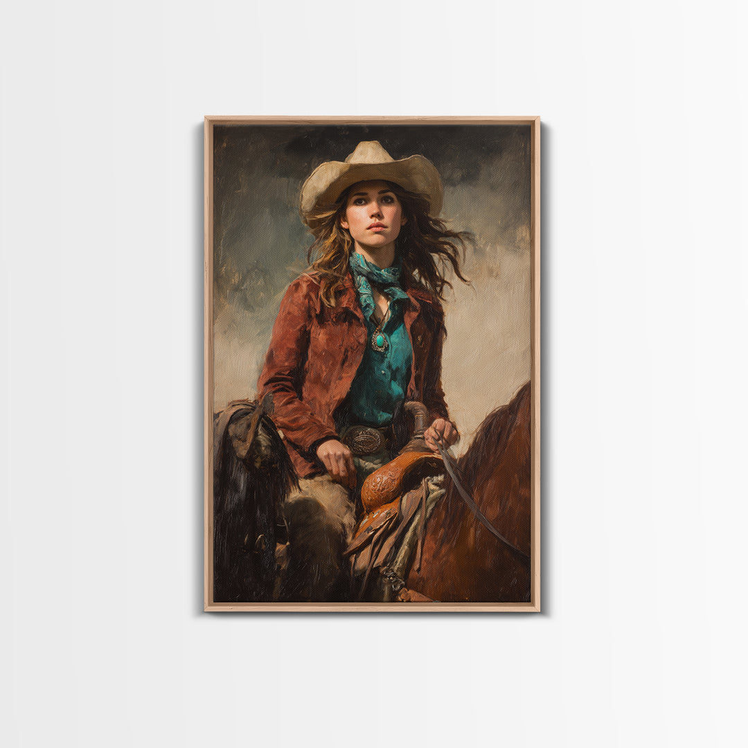 Cowgirl Portrait with Turquoise Jewelry Canvas Print, Western Art, Wall Art, Southwestern Decor, Oil Painting, Frontier, WES-2x3-14