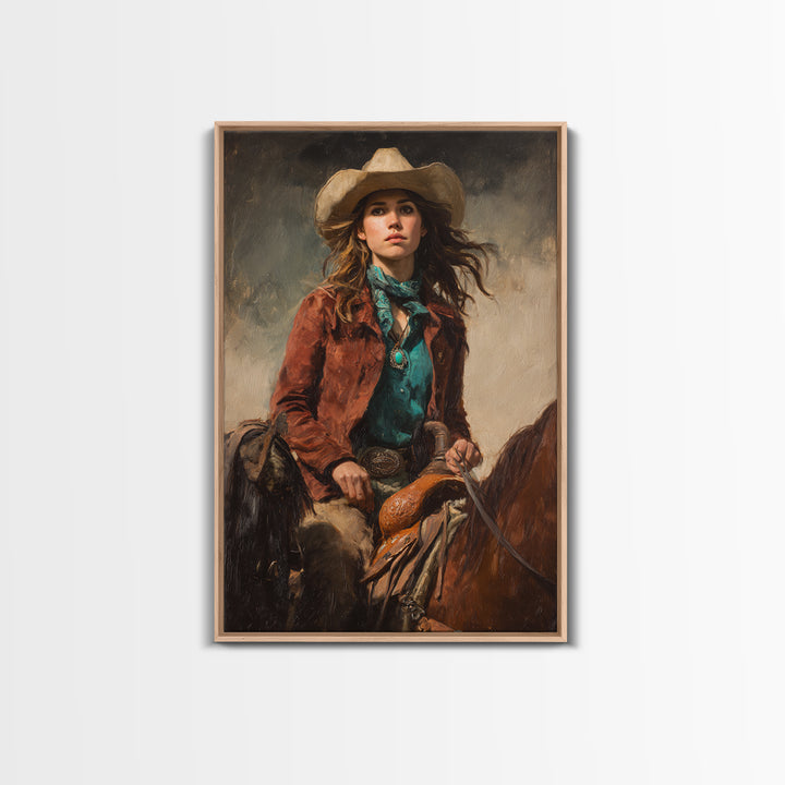 Cowgirl Portrait with Turquoise Jewelry Canvas Print, Western Art, Wall Art, Southwestern Decor, Oil Painting, Frontier, WES-2x3-14