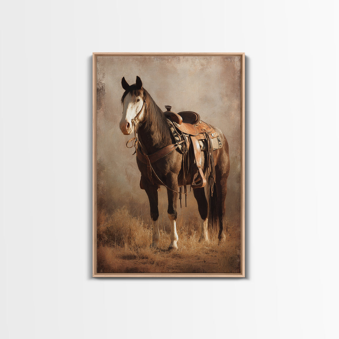 Western Saddle and Rope on Weathered Wood Framed Canvas Print, Western Art, Southwestern Decor, Watercolor Art, Frontier, WES-2x3-18