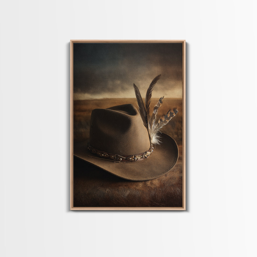 Cowboy Hat with Feathers and Beads Framed Canvas Print, Western Art, Minimalist Decor, Southwestern Decor, Fine Art, Frontier, WES-2x3-6