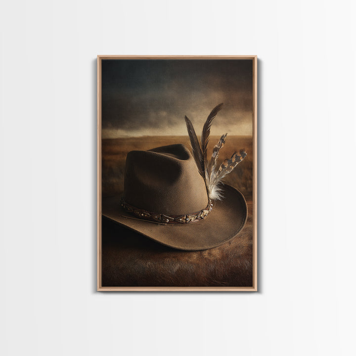 Cowboy Hat with Feathers and Beads Framed Canvas Print, Western Art, Minimalist Decor, Southwestern Decor, Fine Art, Frontier, WES-2x3-6