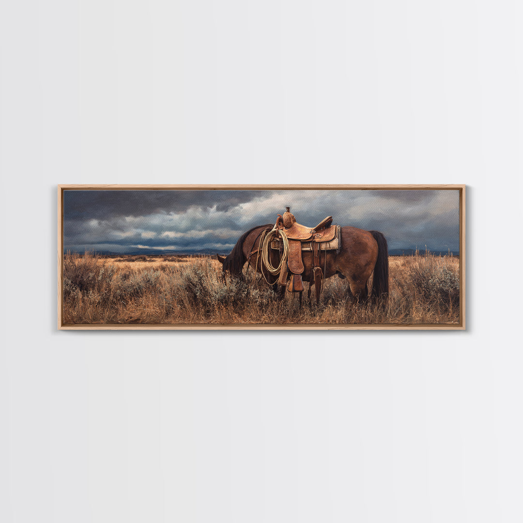 Western Saddle and Rope on Weathered Wood Framed Canvas Print, Western Art, Printable Art, Southwestern Decor, Frontier, WES-3x1-2