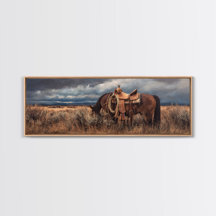 Western Saddle and Rope on Weathered Wood Framed Canvas Print, Western Art, Printable Art, Southwestern Decor, Frontier, WES-3x1-2