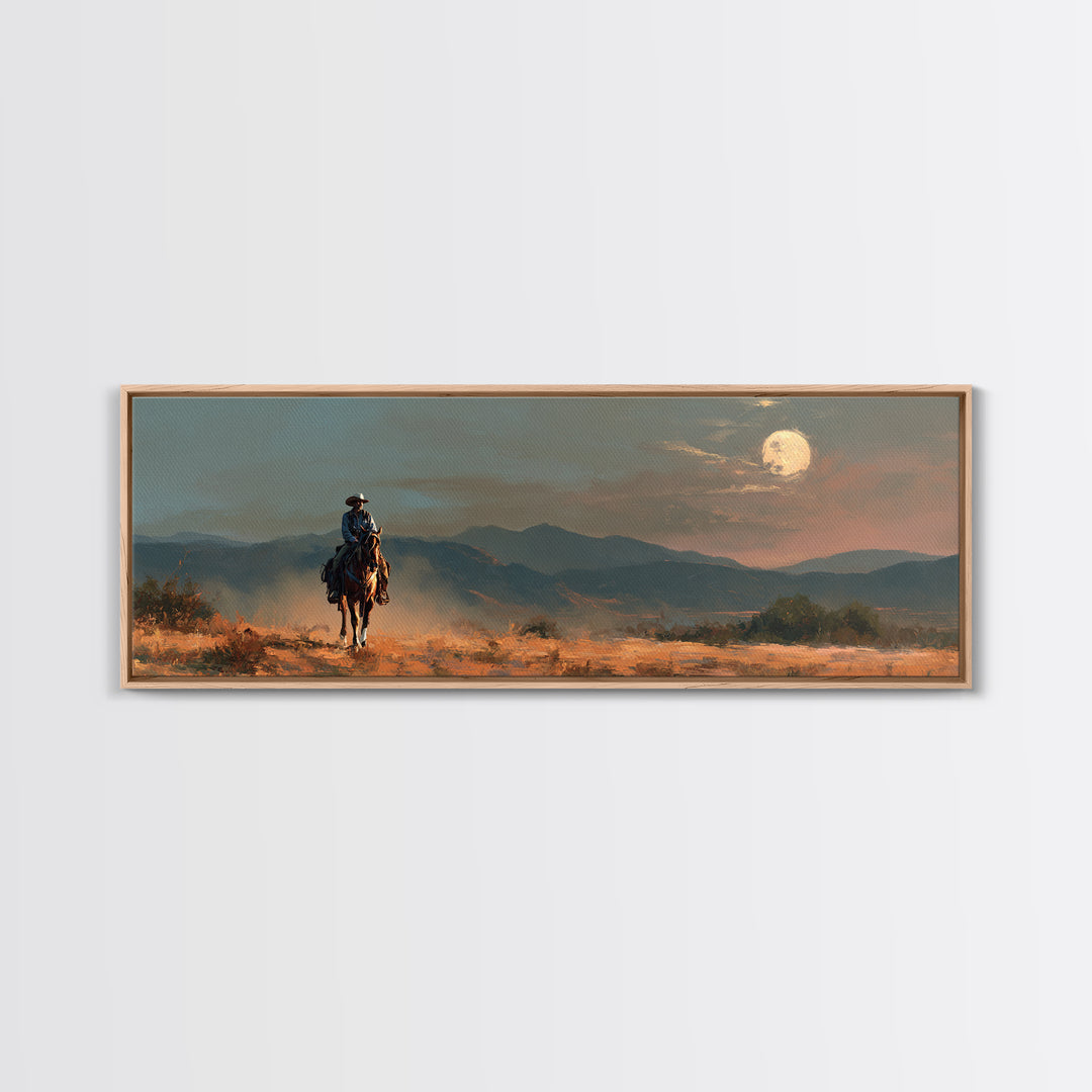 Desert Moon over Lone Rider Canvas Print, Western Art, Fine Art Print, Southwestern Decor, Fine Art, Frontier, Wall Decor, WES-3x1-3
