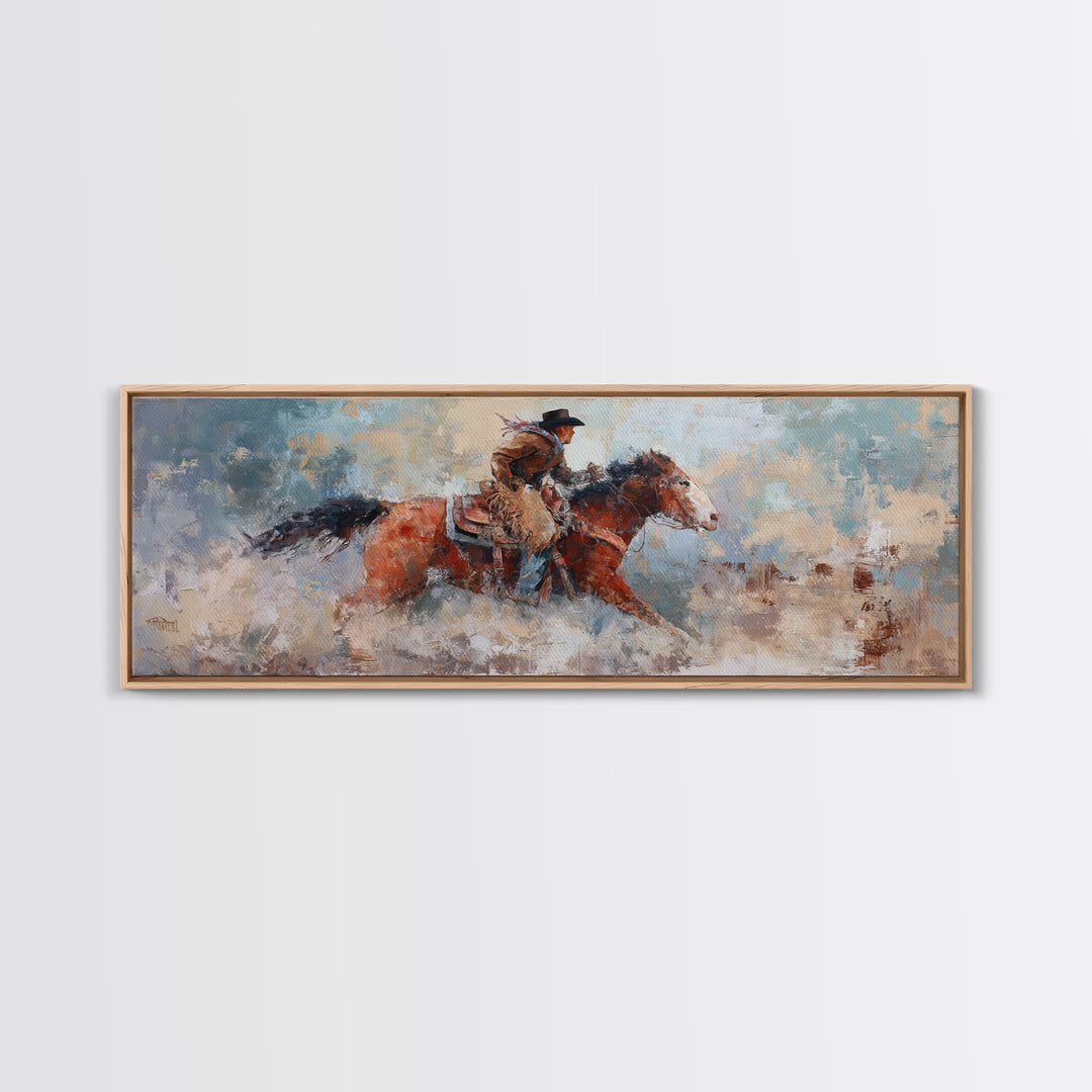 Rodeo Rider Mid Motion Framed Canvas Print, Western Art, Neutral Decor, Southwestern Decor, Fine Art, Frontier, Home Decor, WES-3x1-73