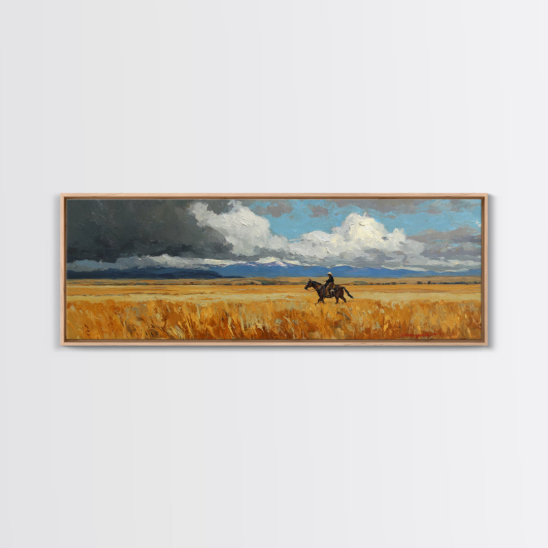 Golden Wheat Field Canvas Print, Western Art, Wall Art, Southwestern Decor, Oil Painting, Frontier, Minimalist Wall Art, WES-3x1-88