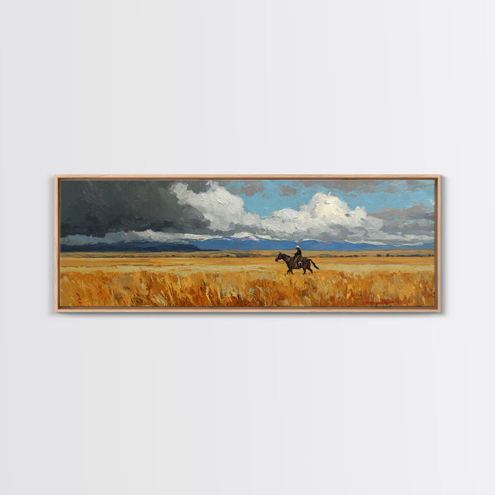 Golden Wheat Field Canvas Print, Western Art, Wall Art, Southwestern Decor, Oil Painting, Frontier, Minimalist Wall Art, WES-3x1-88