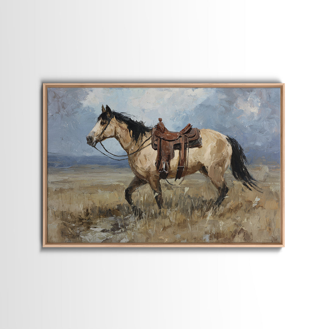 Buckskin Horse in Golden Prairie Light Canvas Print, Western Art, Modern Decor, Southwestern Decor, Fine Art, Frontier, WES-3x2-11
