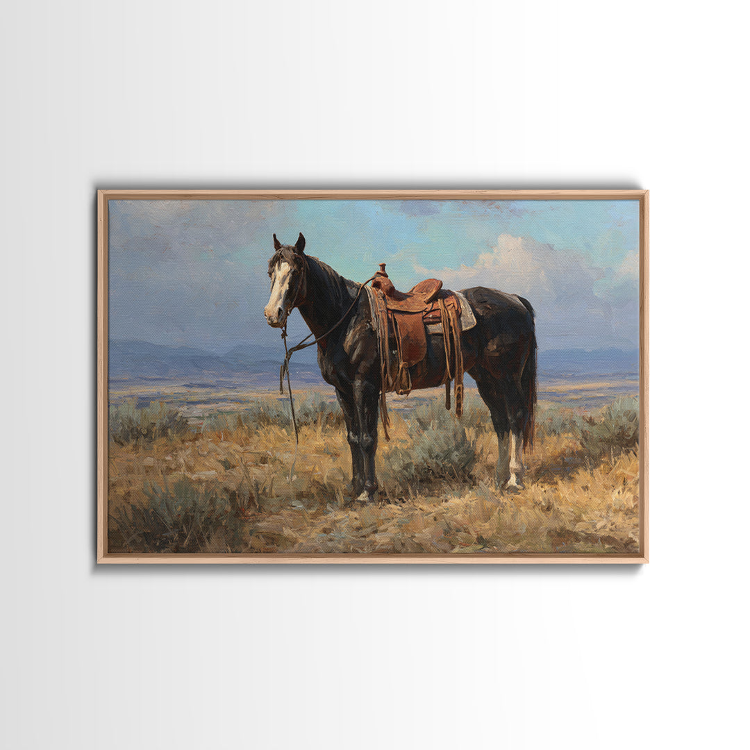 Black Horse Portrait Framed Canvas Print, Western Art, Landscape, Southwestern Decor, Fine Art, Frontier, Modern Decor, WES-3x2-46
