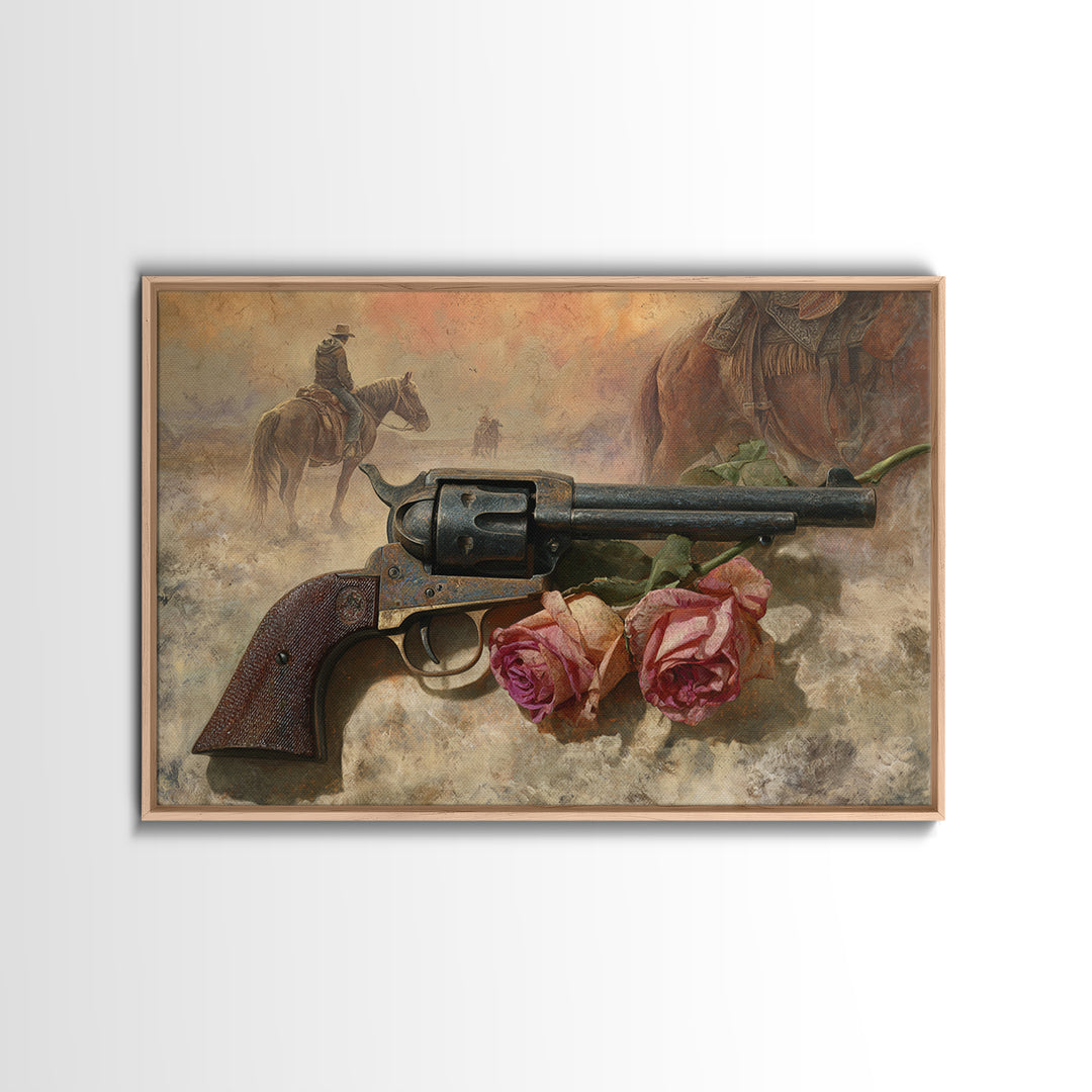 Old Revolver and Roses Framed Canvas Print, Western Art, Oil Painting, Southwestern Decor, Frontier, Digital Download Art, WES-3x2-47