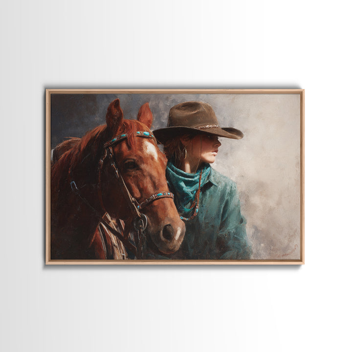 Cowgirl Portrait with Turquoise Jewelry Canvas Print, Western Art, Southwestern Decor, Fine Art, Frontier, Boho Decor, WES-3x2-58
