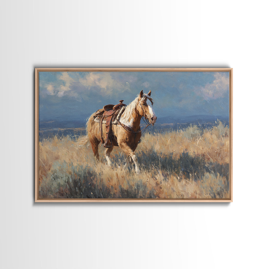 Buckskin Horse in Golden Prairie Light Framed Canvas Print, Western Art, Oil Painting, Southwestern Decor, Frontier, Landscape, WES-3x2-59