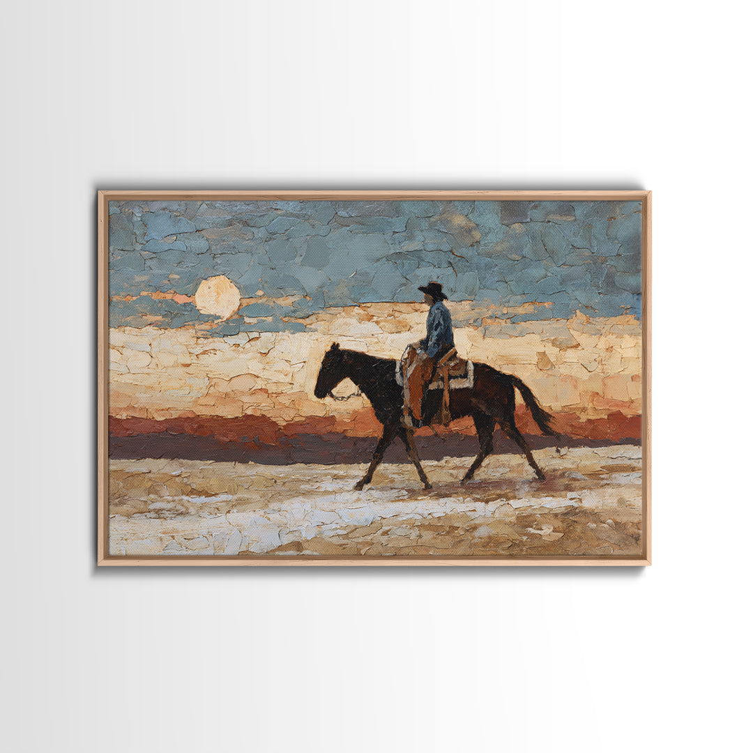 Desert Moon over Lone Rider Framed Canvas Print, Western Art, Western Home Decor, Southwestern Decor, Oil Painting, Frontier, WES-3x2-63