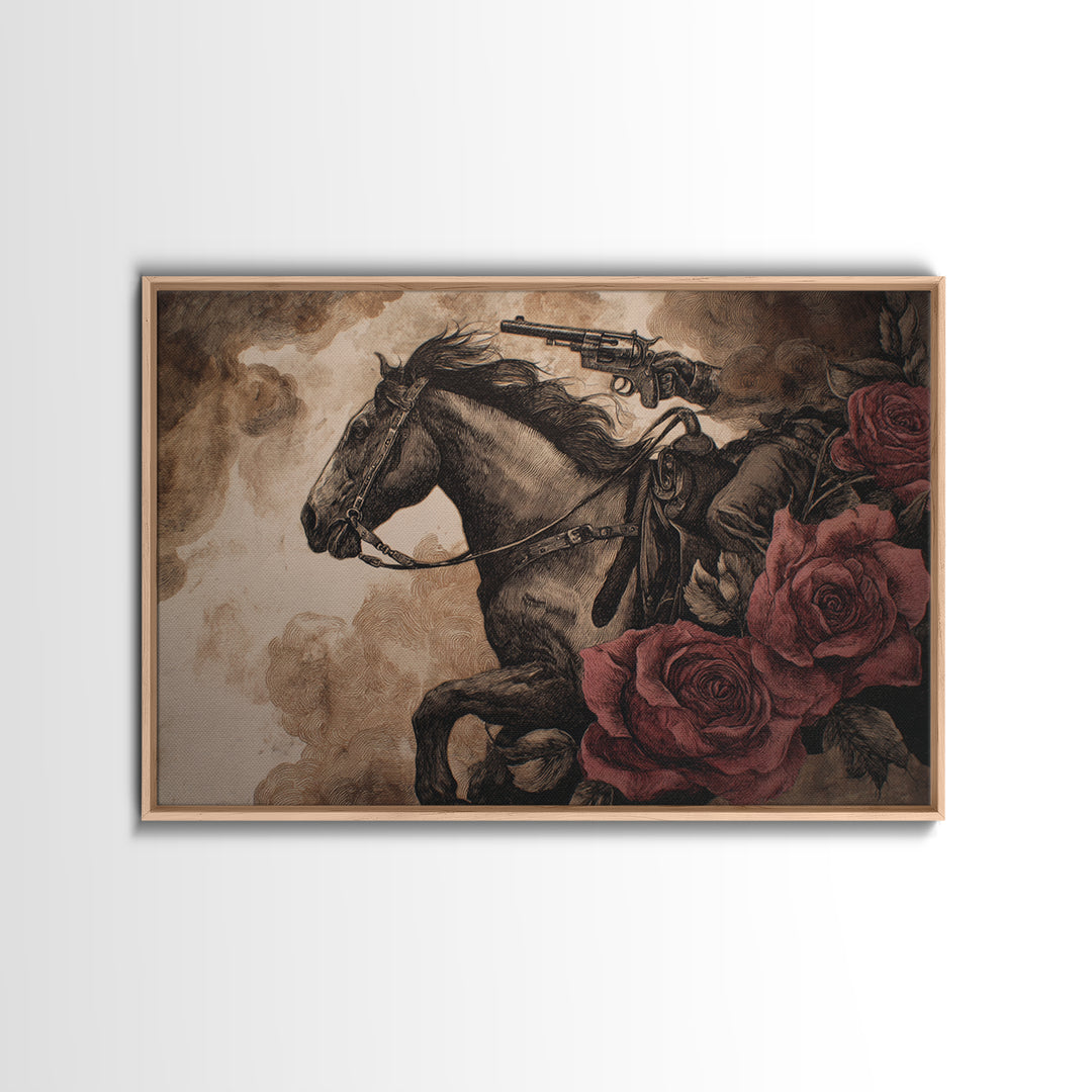 Old Revolver and Roses Framed Canvas Print, Western Art, Printable Art, Southwestern Decor, Frontier, Western Home Decor, WES-3x2-95