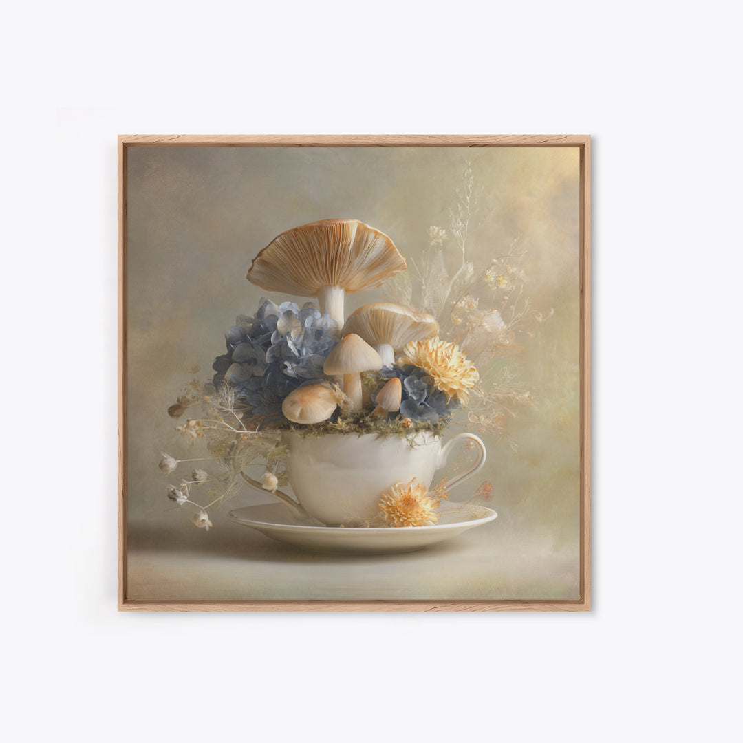 Teacup Garden with Tiny Mushrooms Framed Canvas Print, Whimsical Art, Watercolor Art, Living Room Decor, Fine Art, Wonder, WHI-1x1-100