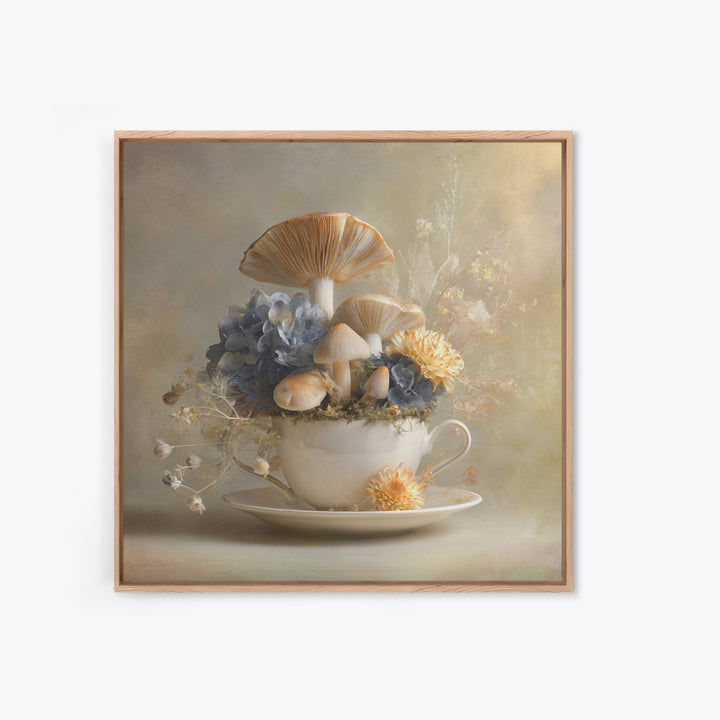 Teacup Garden with Tiny Mushrooms Framed Canvas Print, Whimsical Art, Watercolor Art, Living Room Decor, Fine Art, Wonder, WHI-1x1-100