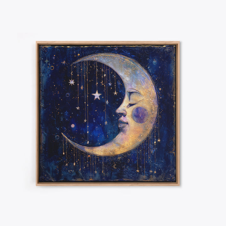 Moon with Sleeping Face and Dangling Stars Framed Canvas Print, Whimsical Art, Printable Art, Living Room Decor, Wonder, WHI-1x1-16