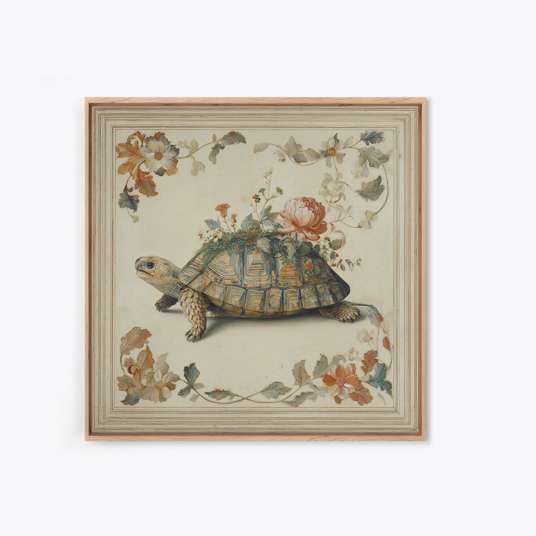Turtle with Garden Growing on Shell Canvas Print, Whimsical Art, Dopamine Decor, Living Room Decor, Fine Art, Wonder, WHI-1x1-22