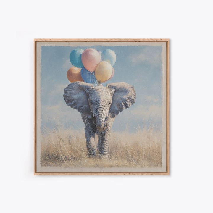 Elephant Holding Balloons Framed Canvas Print, Whimsical Art, Nursery, Living Room Decor, Fine Art, Wonder, Watercolor Art, WHI-1x1-27