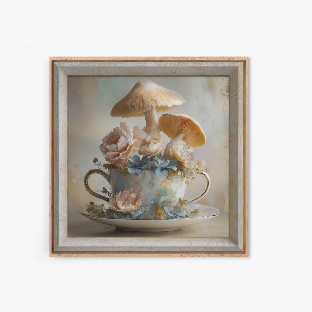 Teacup Garden with Tiny Mushrooms Framed Canvas Print, Whimsical Art, Printable Wall Art, Living Room Decor, Fine Art, Wonder, WHI-1x1-28