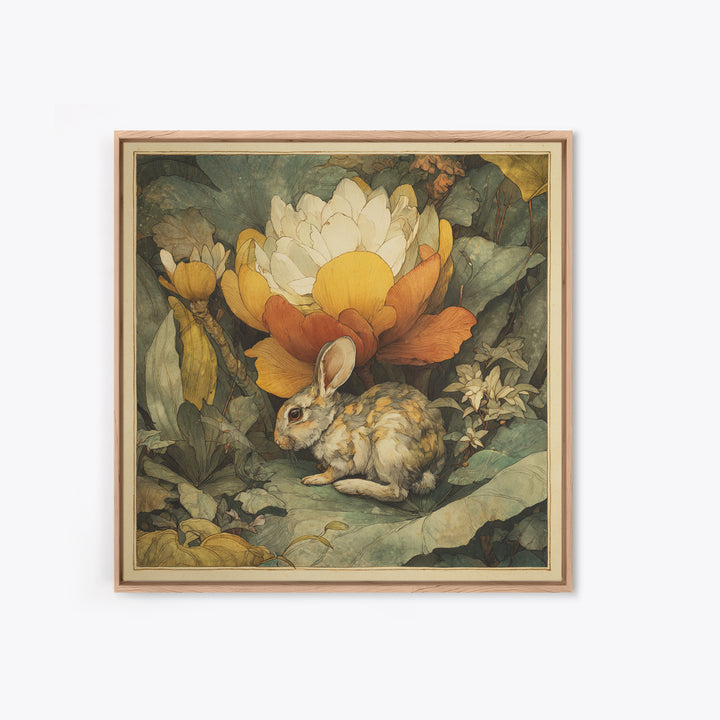 Rabbit Reading Beneath a Giant Flower Framed Canvas Print, Whimsical Art, Textured Painting, Living Room Decor, Wonder, WHI-1x1-29