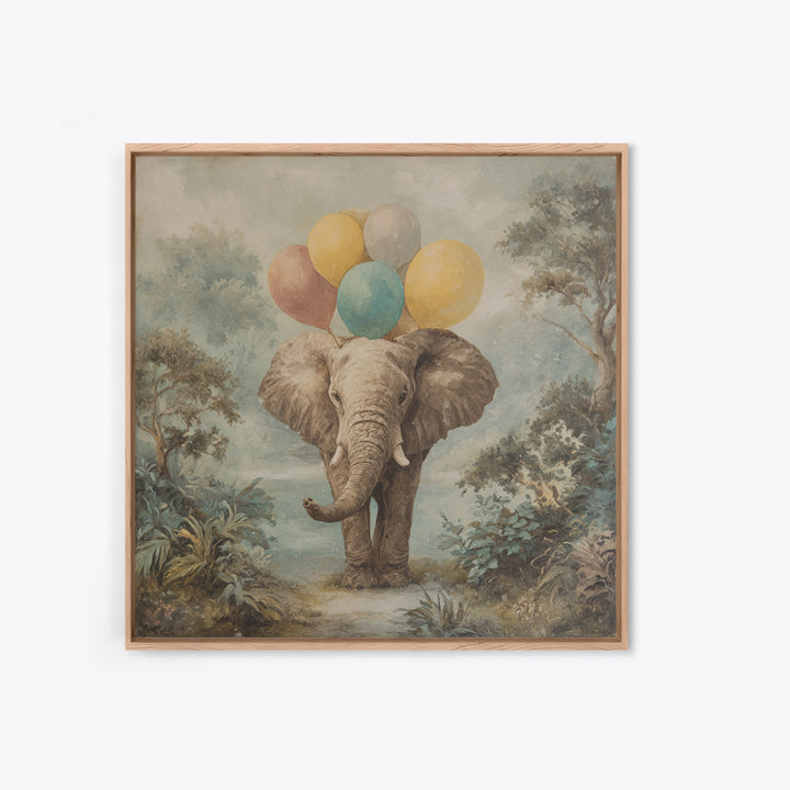 Elephant Holding Balloons Canvas Print, Whimsical Art, Art Nouveau, Living Room Decor, Abstract Art, Wonder, Nursery Wall Decor, WHI-1x1-3