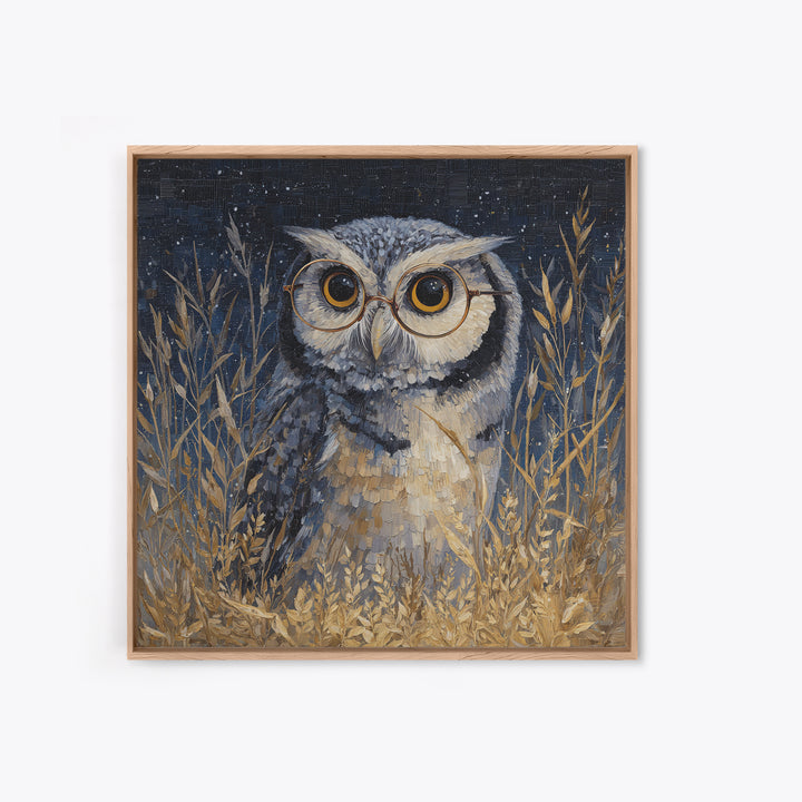Owl Wearing Spectacles Among Stars Canvas Print, Whimsical Art, Nursery Prints, Living Room Decor, Oil Painting, Wonder, WHI-1x1-30