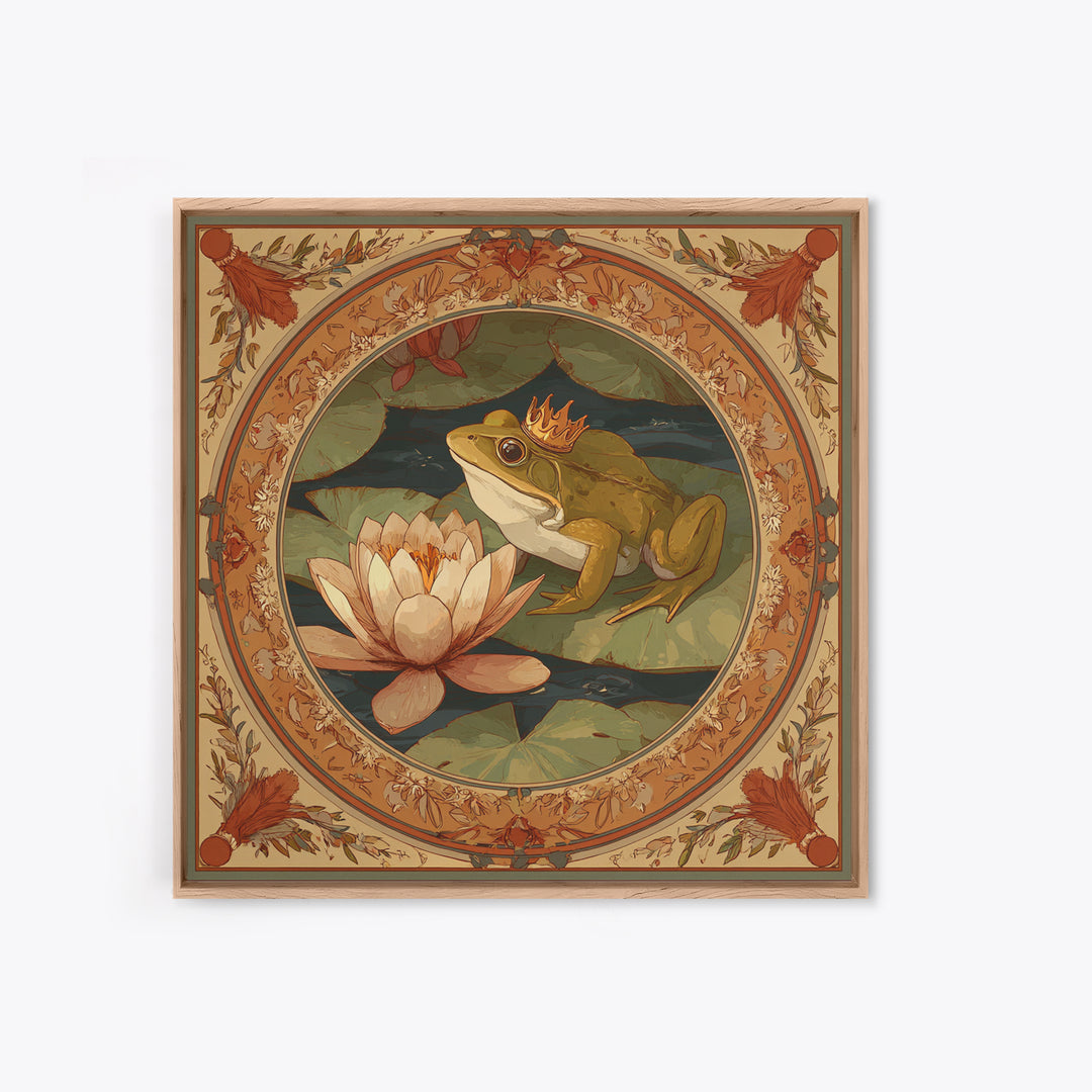 Frog Prince on a Lily Pad Framed Canvas Print, Whimsical Art, Gallery Decor, Living Room Decor, Fine Art, Wonder, Wall Art, WHI-1x1-32