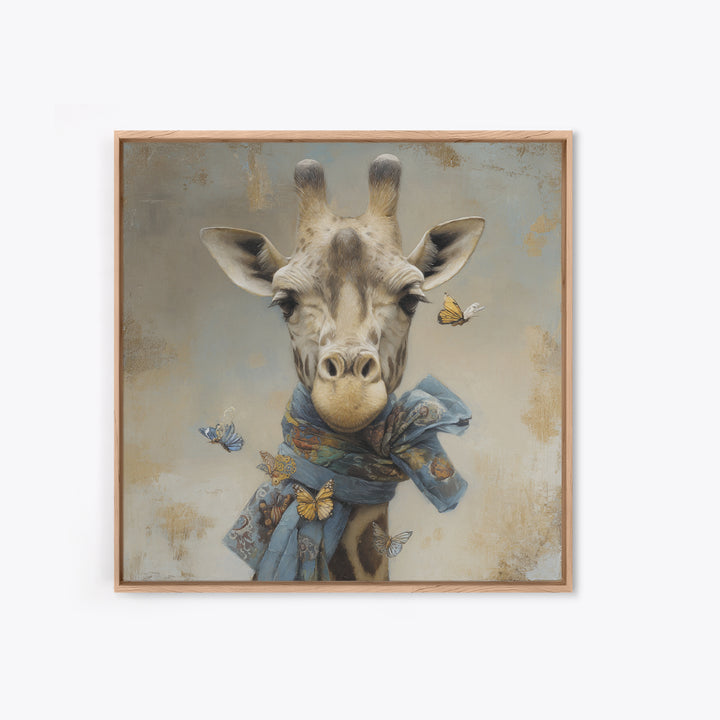 Giraffe with Scarf and Butterflies Framed Canvas Print, Whimsical Art, Watercolor Art, Living Room Decor, Wonder, WHI-1x1-34